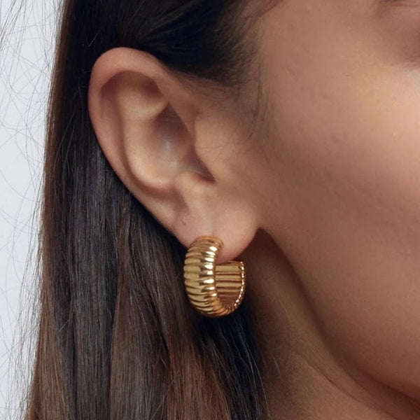 Golden Ribbed Chunky Hoop Earrings