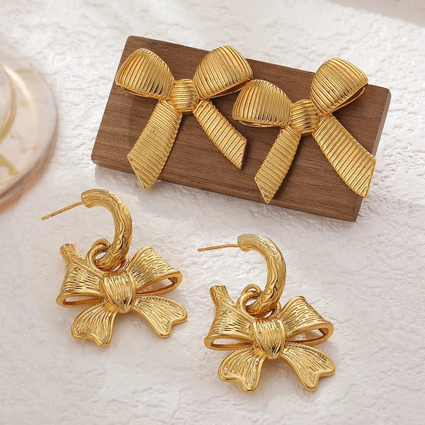 Punk Gold Plated Texture Bow Earrings
