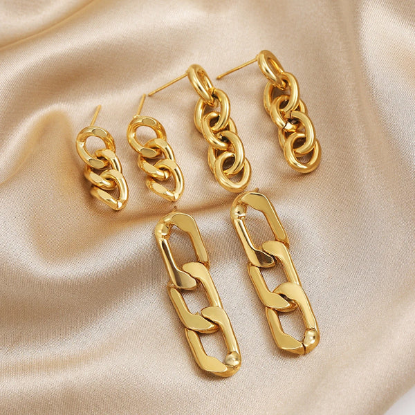 Gold Plated Cuban Chains Long Drop Earrings