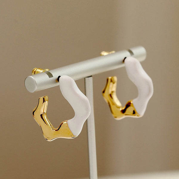 Vintage Irregular Enamel White Color Hoop Earrings