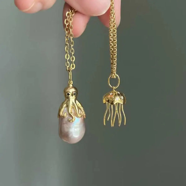 Vintage Metal Jellyfish Octopus Baroque Pearl Necklace