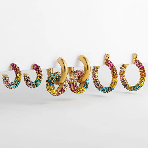 Luxury Rainbow CZ Stainless Hoop Earrings