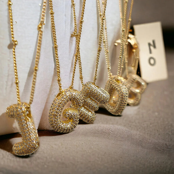 18K Gold Plated Cubic Zirconia Hollow Bubble Letter Necklace